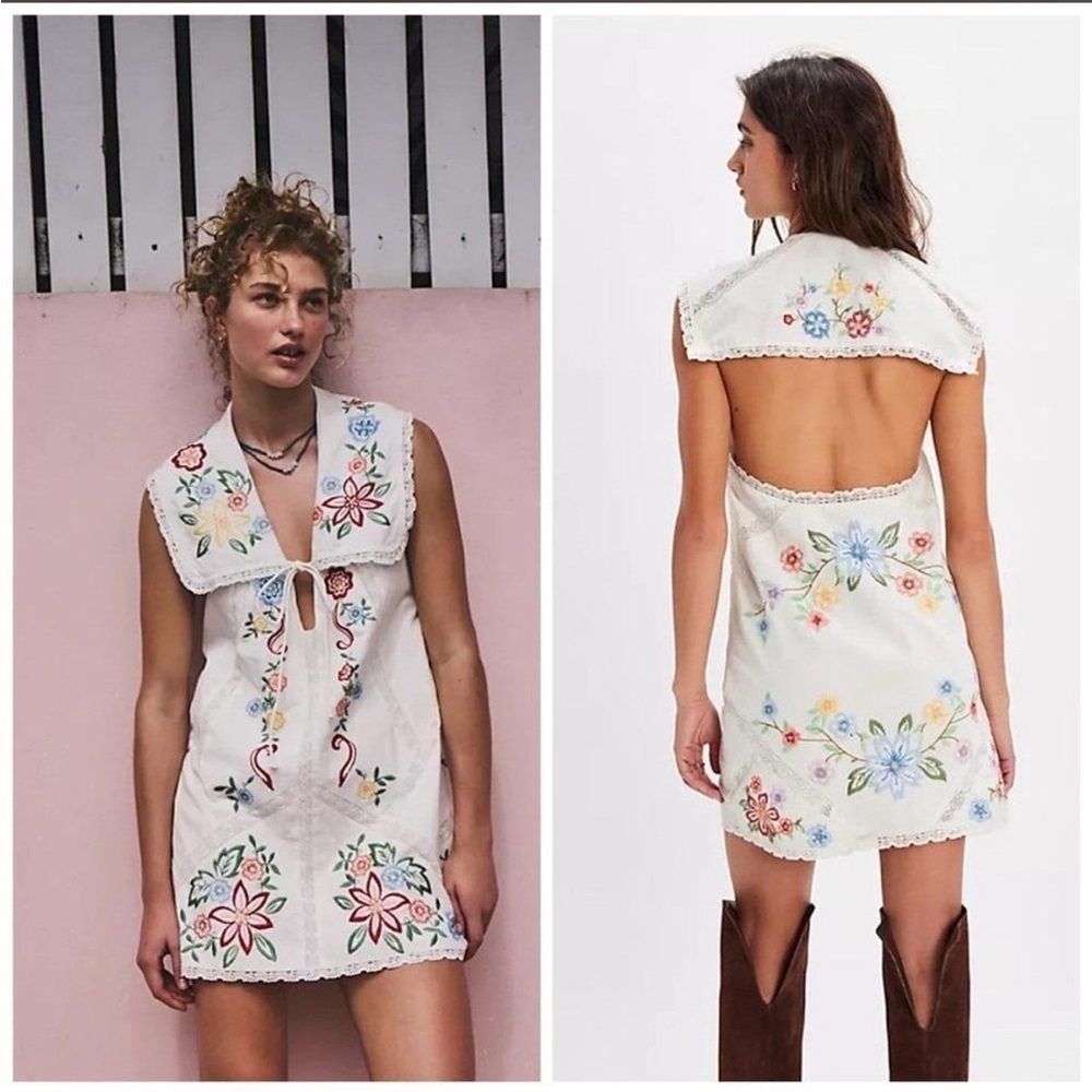 Free People Willow Embroidered Mini Dress‎ Floral White XS